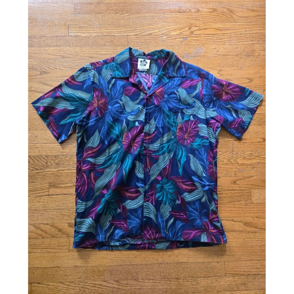 Hilo Hattie VTG Hawaiian Shirt Men's Large Tropical Floral Print Purple Blue
